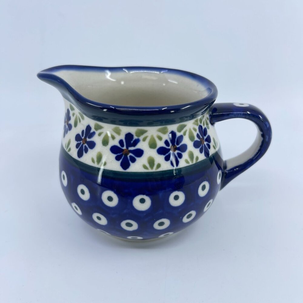vintage boleslawiec polish pottery creamer "blue daisy" pattern handcrafted